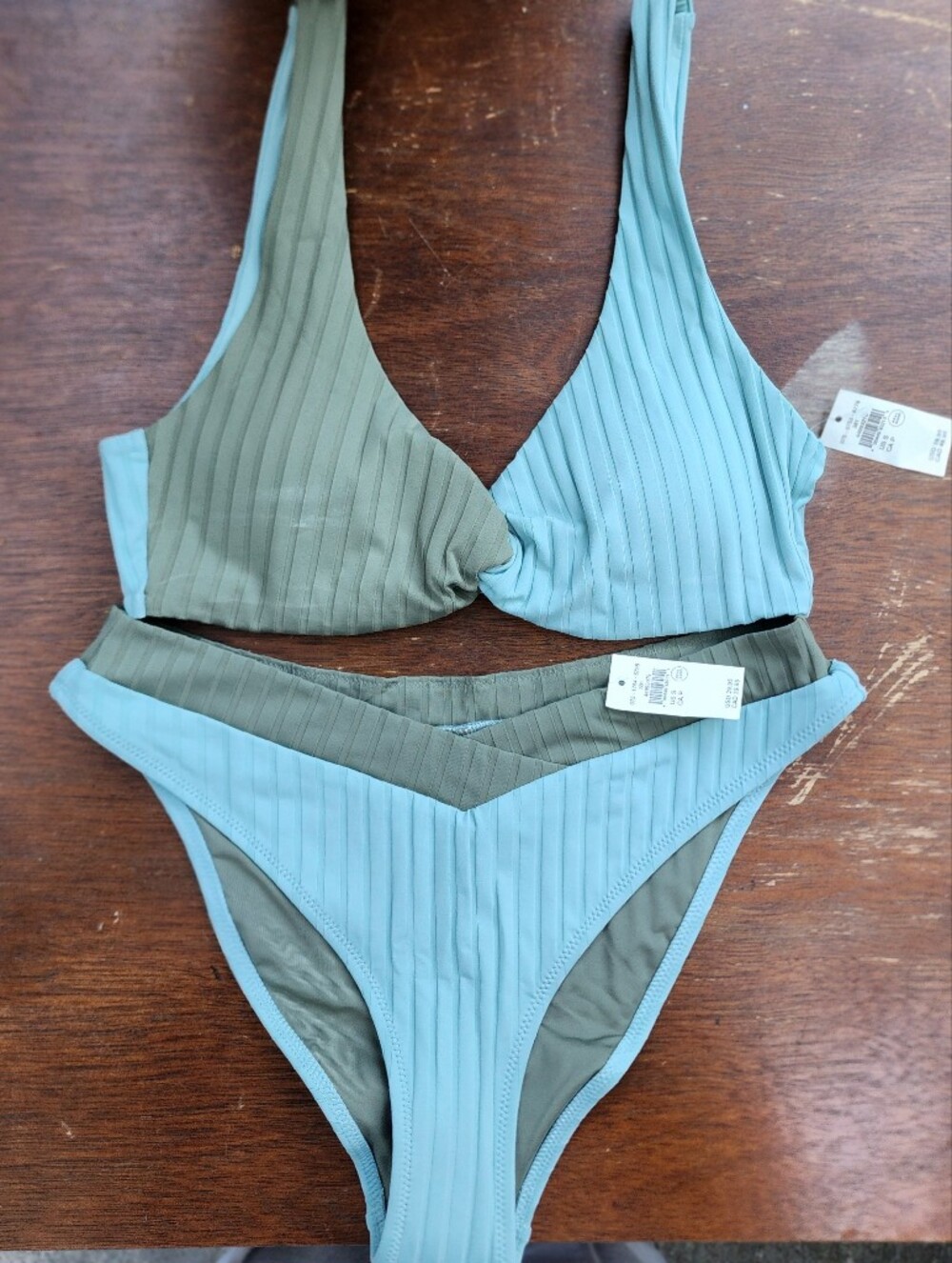 NWT Aerie Ribbed Twist Colorblock Bikini Set Mint Hint Olive Green [Both Small]